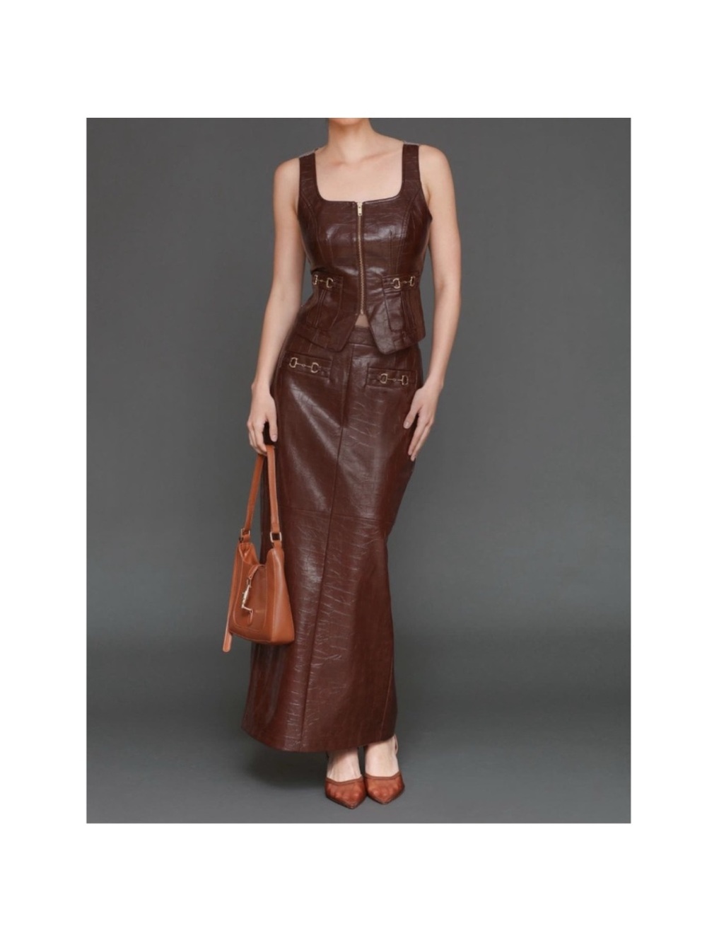 Avec Les Filles Brown Chocolate Faux Leather Buckle Detail Maxi Skirt / Vest Set